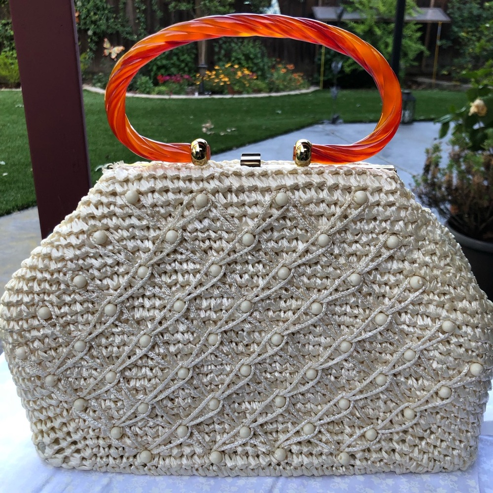 Crochet Raffia Beaded Purse with Lucite handles. - Picture 2 of 12